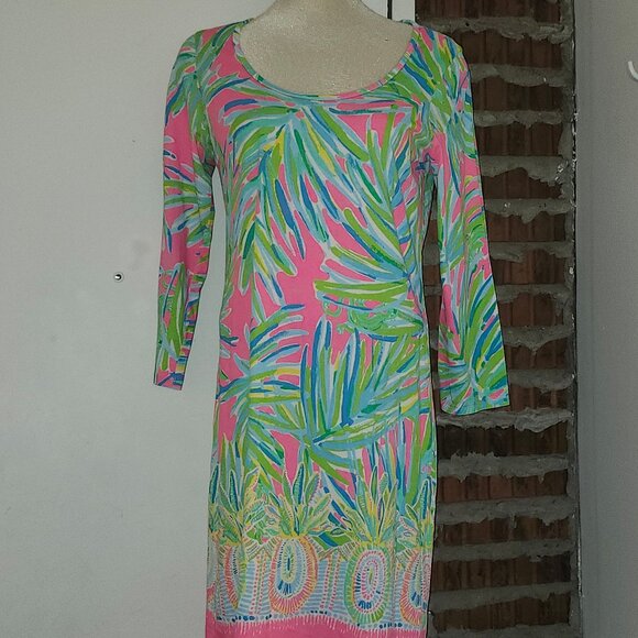 Lilly Pulitzer Tiki Pink Royal Lime Beacon 3/4 Sleeve Dress Cotton Size L Large - Picture 3 of 6